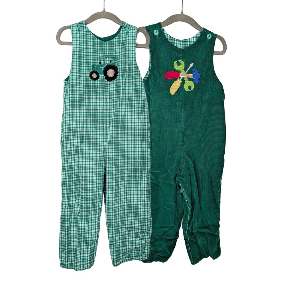 Glorimont Vintage Reversible Overalls Green Gingham Tractor Corduroy Tools 3T